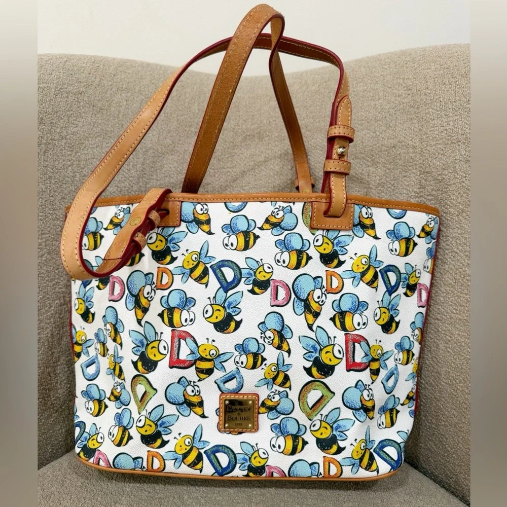 Dooney & Bourke White Bee Print Tote with Tan Trim - Picture 1 of 13